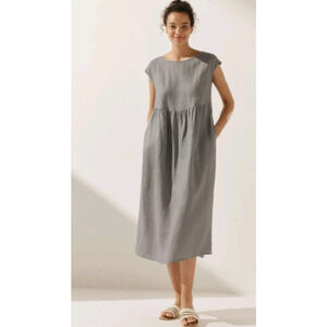 Lintico Joan Linen Cap Sleeve Midi Dress Women M Gray Pockets Lagenlook D22